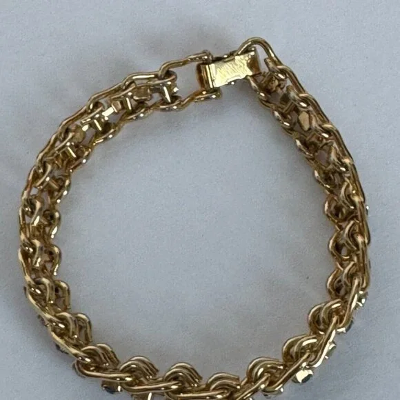 Blue White Rhinestones Tennis Bracelet Gold-Tone Fashion Jewelry - Picture 7 of 10